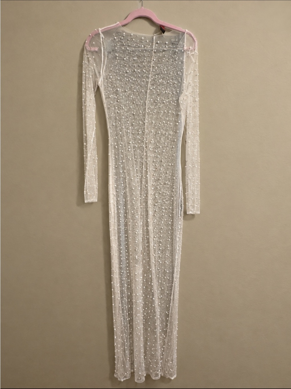 Sheer Long-Sleeve Rhinestone Maxi Dress - Nude